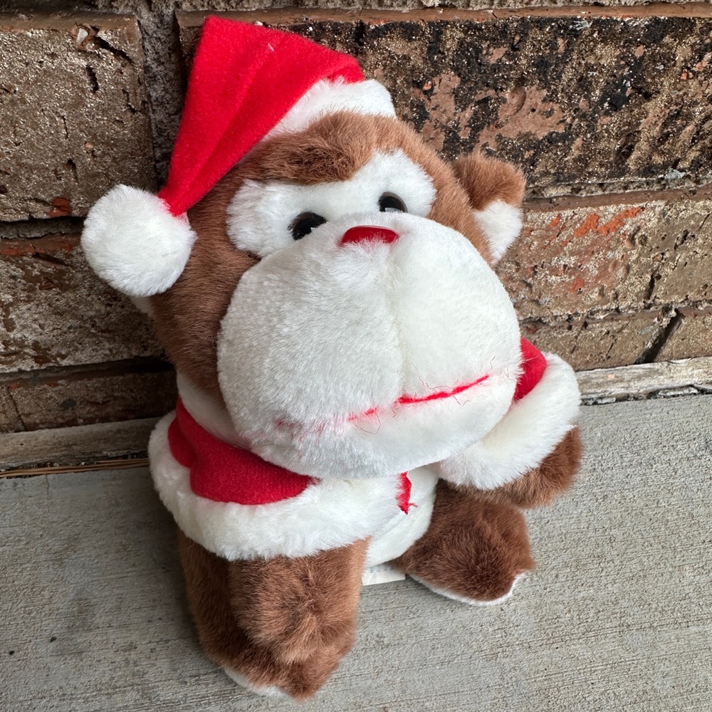 Play By Play Santa Monkey Ape Plush Brown White Red  Hat Cape Hard Black Eyes